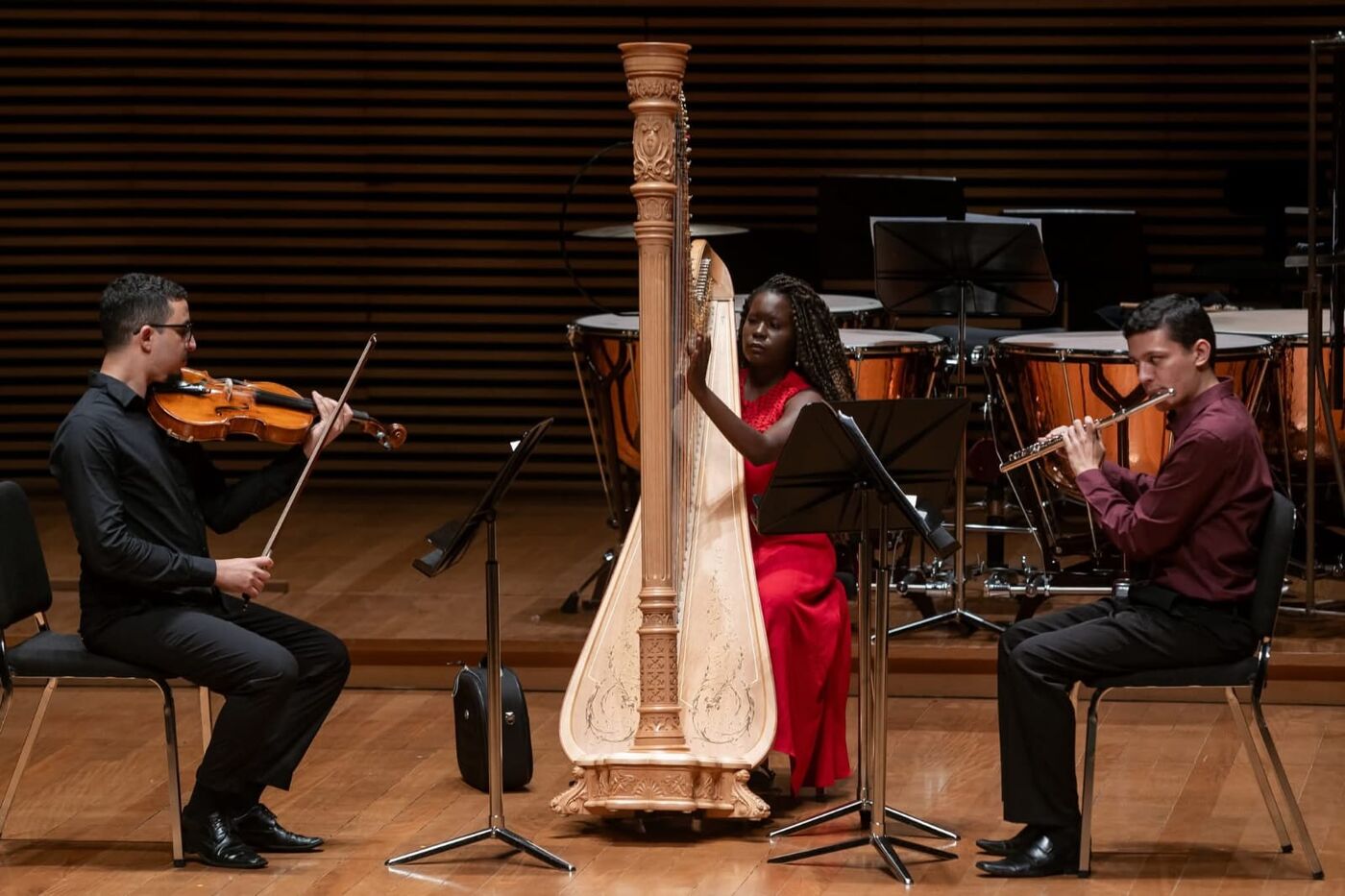 Trio de viola, harpa e flauta em concerto